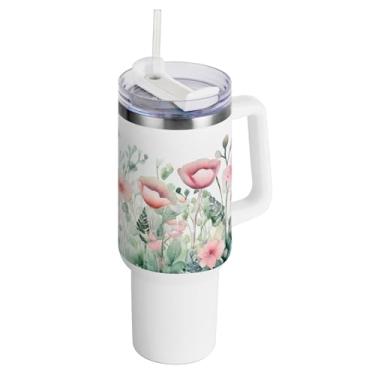 Imagem de xigua Copo vintage de flores silvestres de 1,134 g com alça e canudo, aço inoxidável duplo isolado a vácuo garrafa de água suporte de copo de garrafa de água amigável à prova de vazamento copo de