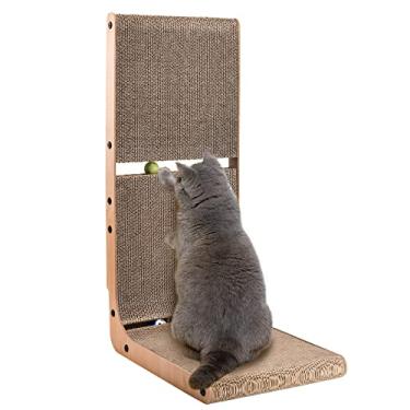 Imagem de AUSCAT Arranhador de papelão em forma de L, arranhador vertical de papelão de 60 cm para gatos internos com 2 bolas de brinquedo integradas
