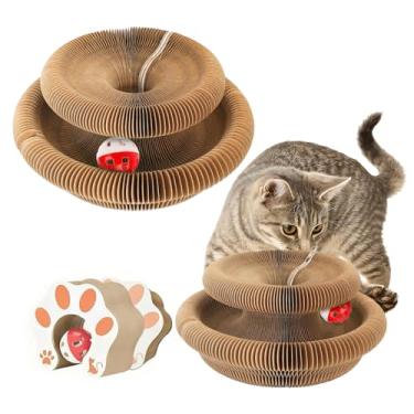 Imagem de Pacote com 2 arranhadores para gatos Kitty Kurls – Quadro dobrável para arranhar órgãos mágicos, brinquedo reversível de papelão ondulado para gatinhos com 2 bolas de sino para exercícios internos