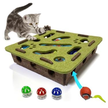 Imagem de OVRRCSME Brinquedo interativo de feltro macio para gatos com bola e sino, caixa de brinquedos para gatos e gatinhos, brinquedo de caça em ambientes internos para estimular a energia e os instintos do