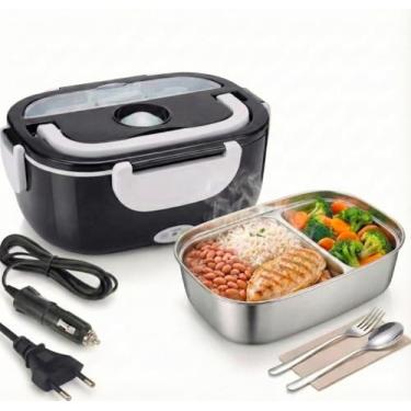 Imagem de Marmita Elétrica Portátil 1,5L Com Aquecimento Rápido para Trabalho e Viagem - Bivolt 110V 220V e 12V 24V Carro Caminhão Casa - Pote Removível com Talher e 2 Cabos Inclusos - Lancheira Térmica