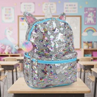 Imagem de Mochila Para Menina Bolsa Escolar Com Chaveiro Pom Pom Cor Azul - Clio