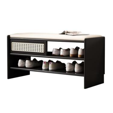 Imagem de Banco de entrada com almofada acolchoada - Rack e organizador de madeira para sapatos, banco pequeno para sala de estar e quarto, preto (100 cm/31,4 pol.)