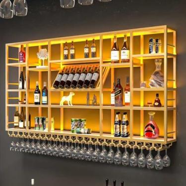 Imagem de Rack de vinho de metal atualizado montado na parede, prateleira de exibição de bar de bebidas modernas, taças de vinho, prateleiras de bar grandes de 3 camadas montadas na parede com luz LED