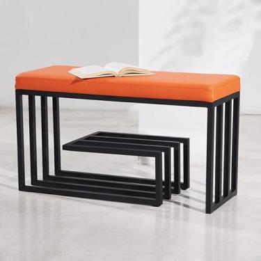 Imagem de Banco de armazenamento de sapatos de metal, banco de entrada com moldura de metal preto, sapateira banco de quarto otomano com assento acolchoado de couro PU (tamanho: 80 x 30 x 45 cm, cor: A)