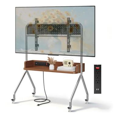 Imagem de Suporte de TV com rolamento com tomada elétrica e prateleira de madeira, carrinhos de TV móveis de aço inoxidável para TVs de 32 a 75 polegadas até 50 kg, suporte de TV portátil ajustável em altura
