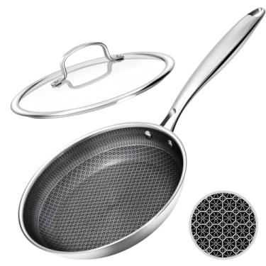 Imagem de USELUCK Frigideiras antiaderentes com tampa, frigideira de aço inoxidável com superfície de favo de mel, lavável na máquina de lavar louça, seguro para forno, sem PFAS, não tóxico, compatível com