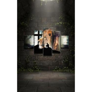 Imagem de Quadro Leão Fé Jesus 5 Pçs Decorativo Sala Borda Infinita - Congratula