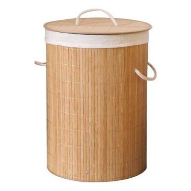 Imagem de Cesto De Roupa Suja Bambu Dobrável Forro Tampa Alças Banheiro Lavabo L