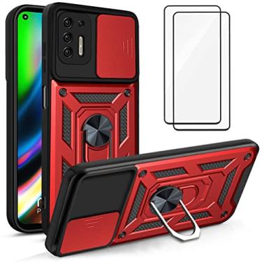 Imagem de Capa para Motorola Moto G9 Plus Capinha | com 2 protetores de tela temperados, janela deslizante de proteção da câmera integrada e suporte para telefone - Vermelho