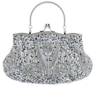 Imagem de Vistatroy Bolsa de noite de designer floral com contas e design de lantejoulas vintage com trava de beijo de cetim bolsa clutch para festa de casamento, Cinza