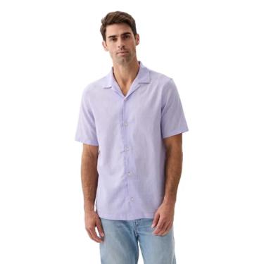 Imagem de GAP Camisa masculina de manga curta com gola resort de linho e ajuste padrão, Lavanda, XXG