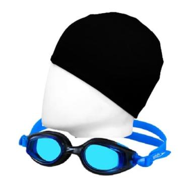 Imagem de Kit Natação Speedo Óculos Smart Antiembaçante Proteção UV + Touca Tecido Confortável Adulto (Óculos Azul + Touca Preta)