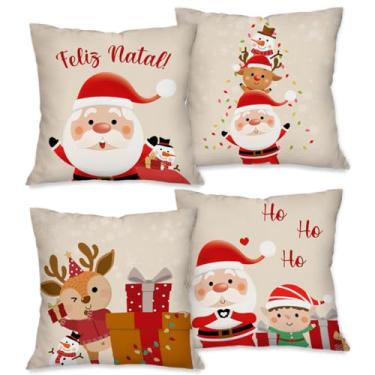 Imagem de Kit com 4 Capas para Almofadas Natalinas Noel Boneco de Neve em Ação