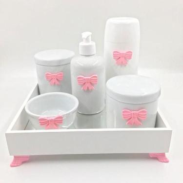 Imagem de Kit Higiene Bebê Porcelana Lacinho Rosa Bandeja Mdf Garrafa 6pçs - TG 