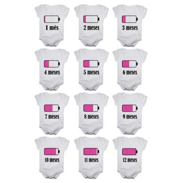 Imagem de Kit Body Bebê Mesversario Manga Curta Bateria 12 Bodies 1 a 12 Meses -