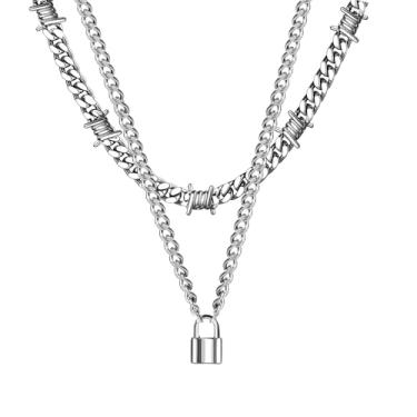 Imagem de Yummiman Colar gargantilha de arame farpado com pingente de cadeado para homens e mulheres em camadas de aço inoxidável espinhos góticos punk colares de corrente grossa, Aço inoxidável, Sem Pedra