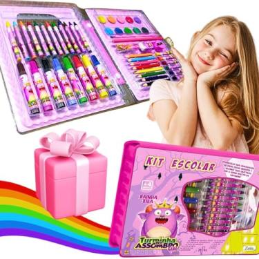 Imagem de Kit Material Escolar Infantil Lapis de cor Canetinhas Borracha Regua Apontador Giz de cera tinta pincel Presente Menino Menina Dia das Criança 5 anos Volta as aulas (Rosa)