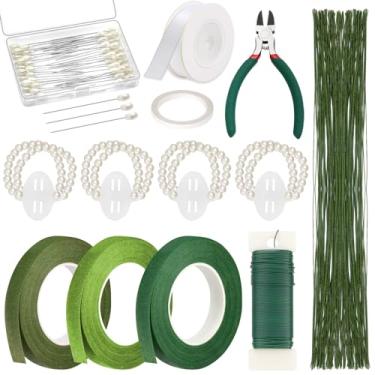 Imagem de PAXCOO Kit de Ferramentas para Arranjo de Fita Floral e Fio Floral com Fita Floral Verde, Fio Floral, Alfinete de Flor Na Lapela, Cortador de Fio, Fita Branca e Faixas Elásticas de Pérola para Buquês