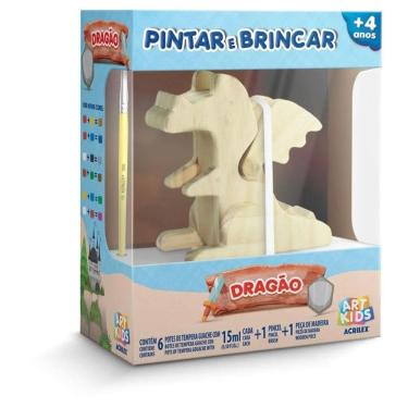Imagem de Kit Pintar E Brincar Mdf Dragão Tinta Guache 6 Cores Acrilex