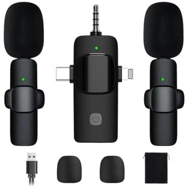 Imagem de LEEPONE Microfone de lapela 3 em 1 sem fio para iPhone, Android e câmera, mini microfone USB-C com redução de ruído, perfeito para gravação, vlog, YouTube, TikTok, podcasts e entrevistas
