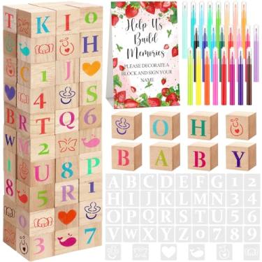 Imagem de Wonderjune 147 Pcs Baby Shower Blocks to Decorate Games Sets, Decorate a Block Game 80 DIY Blank Wooden Block 42 Stencils 24 Marker for Gender Reveal Baby Shower Games Prize(Strawberry)