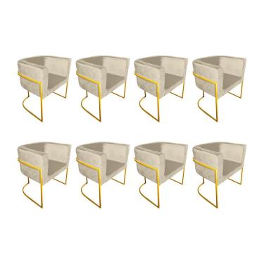 Imagem de Kit 8 Poltronas Decorativa Sala De Estar Base De Ferro Dourada Veludo Bege