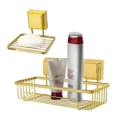 Imagem de Kit Banheiro Suporte Porta Shampoo Saboneteira Ventosa Dourado - Future