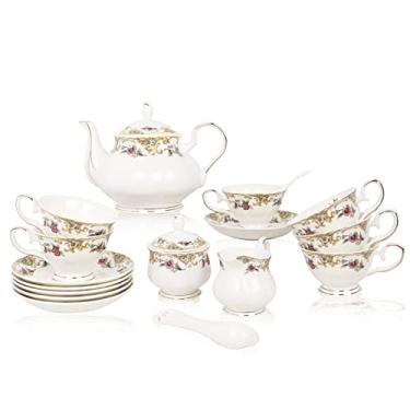 Imagem de ACMLIFE Bone China Conjunto de chá e pires, 21 peças, conjunto de 6 xícaras de chá de porcelana com bule de chá, açucareiro, jarro de creme, presentes de Natal, conjuntos de chá para mulheres (branco