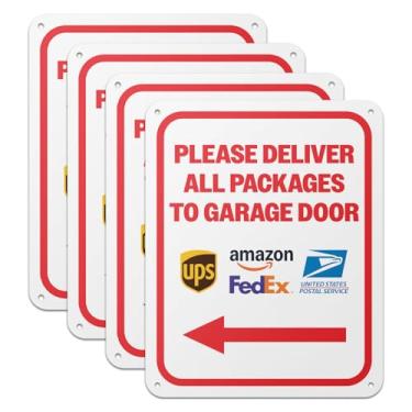 Imagem de 101SIGNCITY - 20,3 x 25,4 cm, pacote com 4, placa de entrega de embalagem de alumínio - Por favor, entregue todos os pacotes para placa de porta de garagem com película protetora para uso ao ar livre
