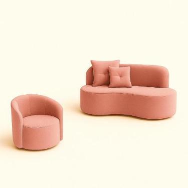 Imagem de Conjunto 01 Poltrona + Sofá Curvo Orgânico Nature Gaia Veludo Rosa - M