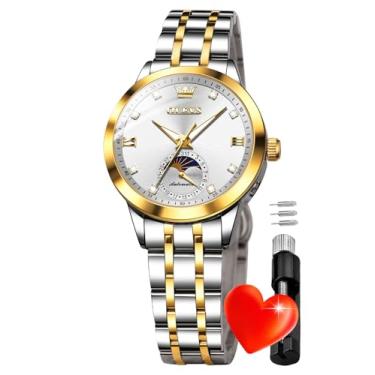 Imagem de OLEVS Relógio feminino dourado automático mecânico diamante original clássico relógio de pulso de dois tons com corda automática, 7041: branco