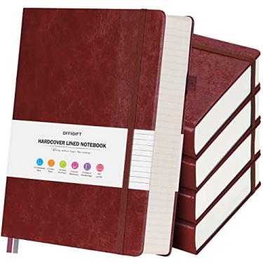 Imagem de OFFIGIFT Pacote com 5 cadernos pautados universitários, 312 páginas numeradas, cadernos grossos, volume de 100 g/m², diário de couro de capa dura, para mulheres, homens, escola, escritório, A5, vinho