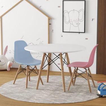 Imagem de Conjunto De Mesa Madeira Infantil 68Cm Redondo Branco 1 Cadeira Azul 1