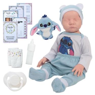 Imagem de Boneco Reborn Menino Stitch Azul com Roupa e Pelúcia Fofa - Cegonha Re