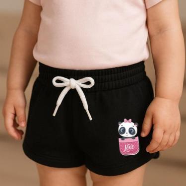 Imagem de Short Moletinho Infantil Feminino Estampado Panda no Bolsinho Fofo Mod