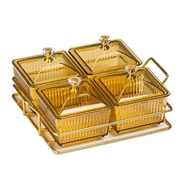 Imagem de Bandeja de tempero dividida de plástico, tigela removível com tampas, bandeja de servir lanches de festa para aperitivo de frutas, sobremesa, doces, dourado, 4 compartimentos B