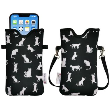 Imagem de Tainada Bolsa de neoprene masculina e feminina com alça transversal/cordão de pescoço para iPhone 16/15/14 Pro Max, 16/15/14 Plus, Samsung S25, A55, Google Pixel 9 (Silhouette Cats)