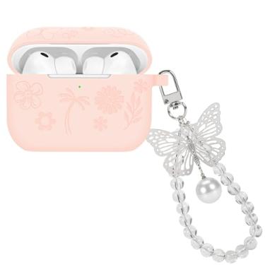 Imagem de Capa de silicone compatível com AirPods Pro 3 geração 2025 com chaveiro borboleta, capa protetora com design de flor gravada para mulheres, capa macia de TPU (poliuretano termoplástico) à prova de