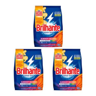Imagem de Detergente em pó lava roupas Brilhante limpeza total 800g - Kit com 03
