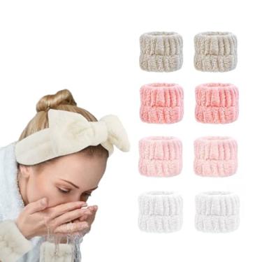 Imagem de 4 pares de pulseiras para lavagem facial – elásticos absorventes de microfibra evitam respingos, spa e cuidados com a pele essenciais, cores elegantes