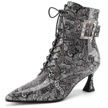 Imagem de Perisis Botas femininas de salto gatinho, bico fino, moderno, couro envernizado, strass, cadarço, botas curtas elegantes de fantasia de bruxa com zíper, Flor preta, 38