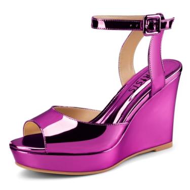 Imagem de Sandálias femininas elegantes plataforma plataforma cunha cunha ouro peep toe patente salto alto slingback confortável sapatos com tira no tornozelo, Patente rosa choque glitter, 38