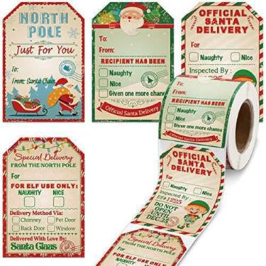 Imagem de 200 peças de etiquetas de presente de papel de Natal, 5 cm x 7,6 cm, 4 estilos, Feliz Natal, papel presente, etiquetas de etiqueta para presente de Natal, sacolas de lembrancinhas, decoração de