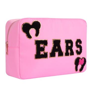 Imagem de Dealkion Organizador de faixa de cabeça, bolsa organizadora de acessórios de cabelo, bolsa de maquiagem com letras de chenille, parque, viagem, itens essenciais, presentes para mulheres