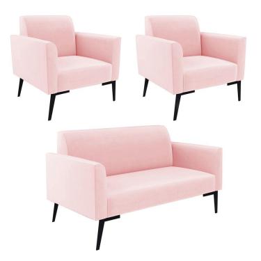 Imagem de Sofá Namoradeira Com 2 Poltronas Pés Villach Marisa Suede D03 - D\'rossi Cor Rosa Bebê