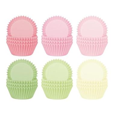 Imagem de Whaline 300 peças de forros de cupcake coloridos pastel, copos de papel, gradiente, rosa, verde, padrão para muffin para primavera, Páscoa, casamento, chá de bebê, artigos de festa de aniversário