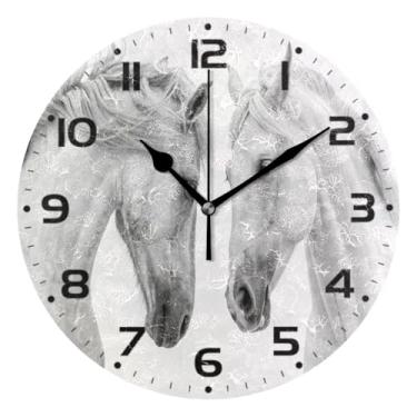 Imagem de JUZIHAI Relógio de parede com dois cavalos brancos, silencioso, redondo, sem tique-taque, operado por bateria, fácil de ler, relógio decorativo de parede para casa, cozinha, sala de estar, quarto