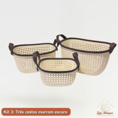 Imagem de Kit Lavanderia 3 Cestos Organizadores Vazados 5 Escovas Multiuso Bambu