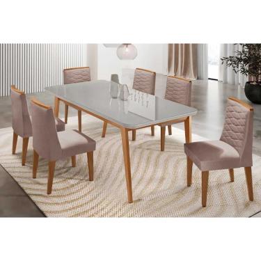 Imagem de Sala Jantar Mesa Havana Tampo c/ Vidro Curvo 180cm+6 Cadeiras Maldivas Madeira Naturale/Off White - Capuccino/Linho Capuccino - Rufato